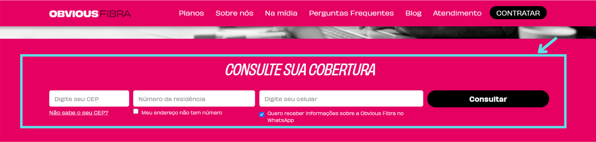 Captura de tela do site OBVIOUS com instruções de como realizar a consulta de cobertura
