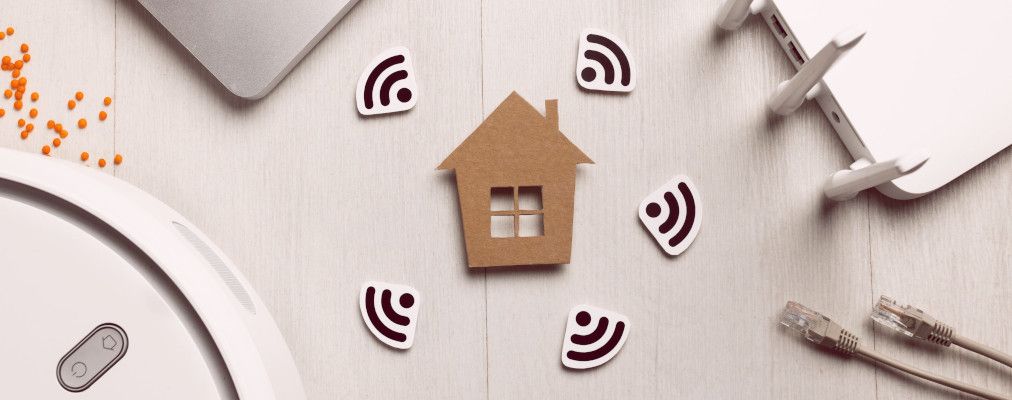 Ilustração de uma casa com dispositivos conectados via Wi-Fi